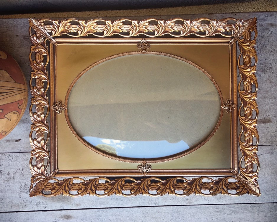 Vintage Gold Tone Picture Frame with Bubble Glass and Ornate Edge for