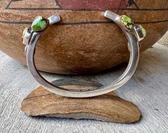 Lilly Barrack Open Cuff Bracelet Heavy Gauge Sterling Silver Turquoise on Terminals Worn Up