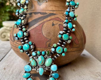 Rustic Cluster Turquoise Squash Blossom Necklace Different Shades, Signed RR, Native American