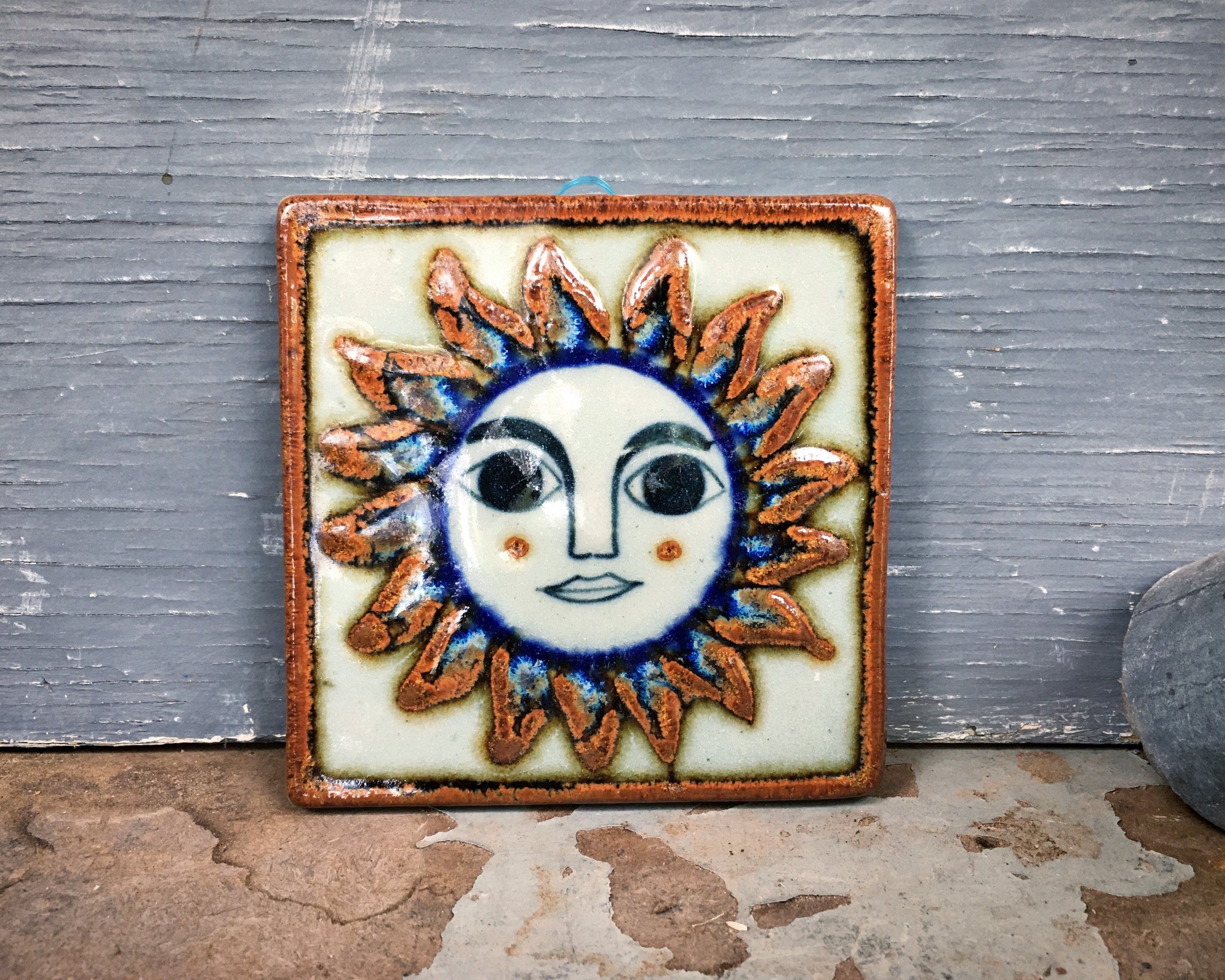 Small 4x4 Vintage Mexican Ceramic Tile Wall Hanging of Sun Face, Rustic