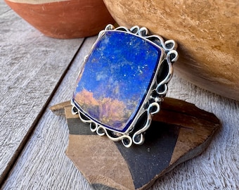Large Lapis Lazuli Sterling Silver Ring Size 9, Squareish, Navajo Me'Dru Nelson