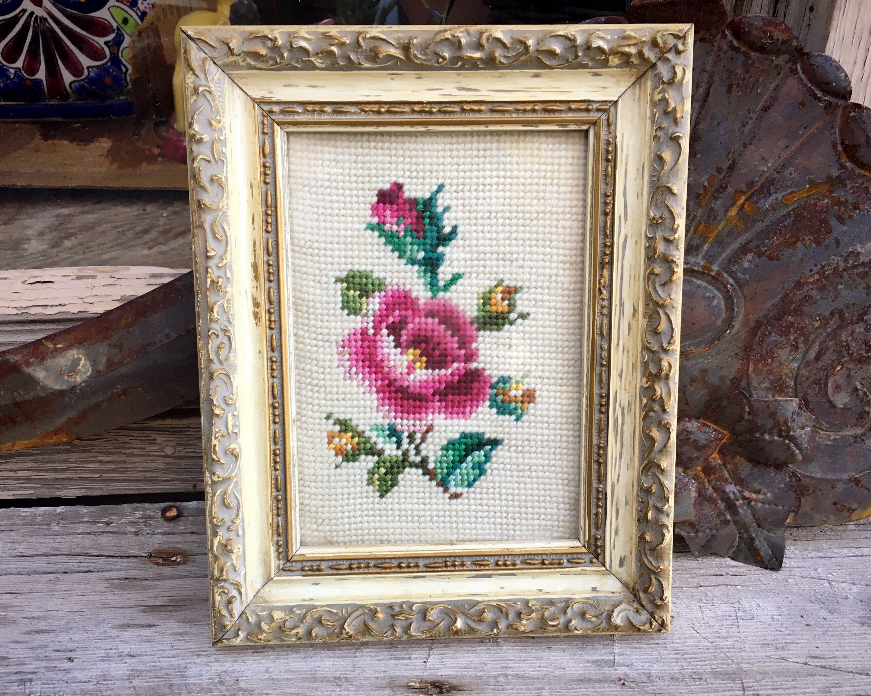 Beautiful Hand Crafted Cross Stitch Needle Point Rose Floral Framed Wall Art