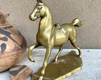 Large Vintage Brass Trotting Horse Statue on Stand, Equine Shelf Display Animal, Ranch House Decor, Gift for Stallion Lover Equestrian Woman