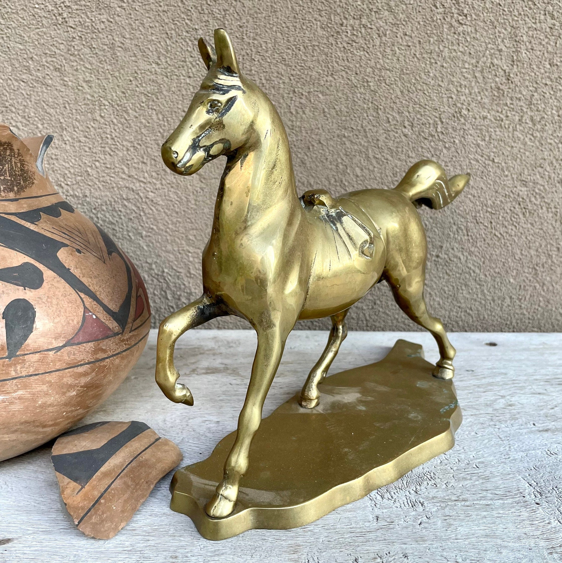 Large Vintage Brass Trotting Horse Statue on Stand, Equine Shelf