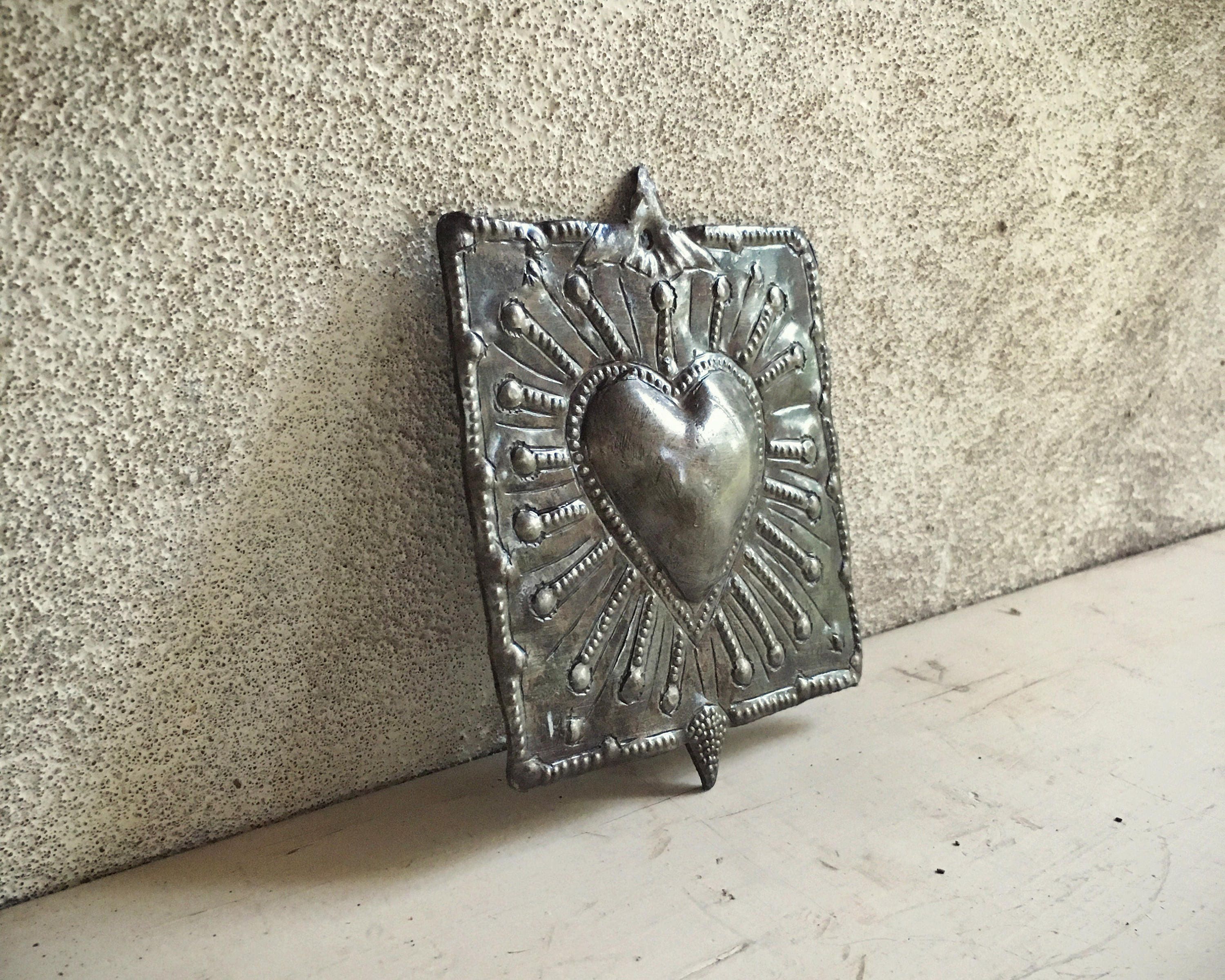 Vintage 4 Metal Folk Art Wall Hanging Heart Milagro Haiti Drum