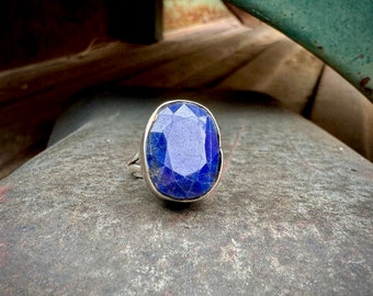 Vintage Sterling Silver Faceted Blue Gemstone Ring Size 6, Gemstone Gift, Tribal Jewelry