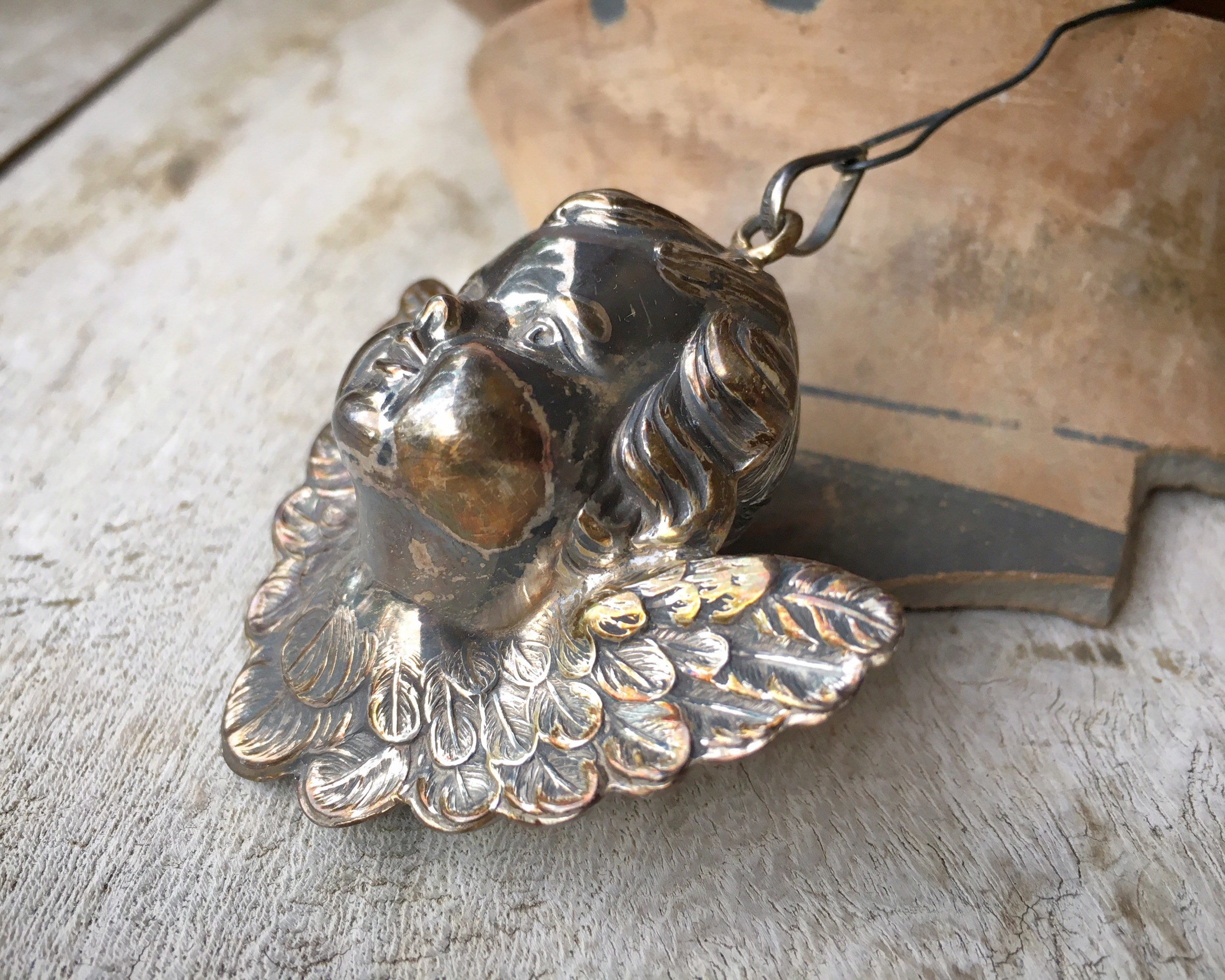 RM Trush Sterling Silver Winged Angel Ornament or Pendant, Old World