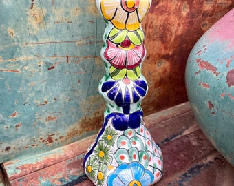 Vintage Mexican Talavera Pottery Single Candle Holder by Castillo Ceramic Studio, Rustic Southwestern Home Decor, Table Centerpiece