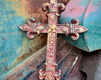 Vintage Heavy Cast Iron Cross Wall Hanging Red Gold Paint Approx 9x12, Rustic Interior