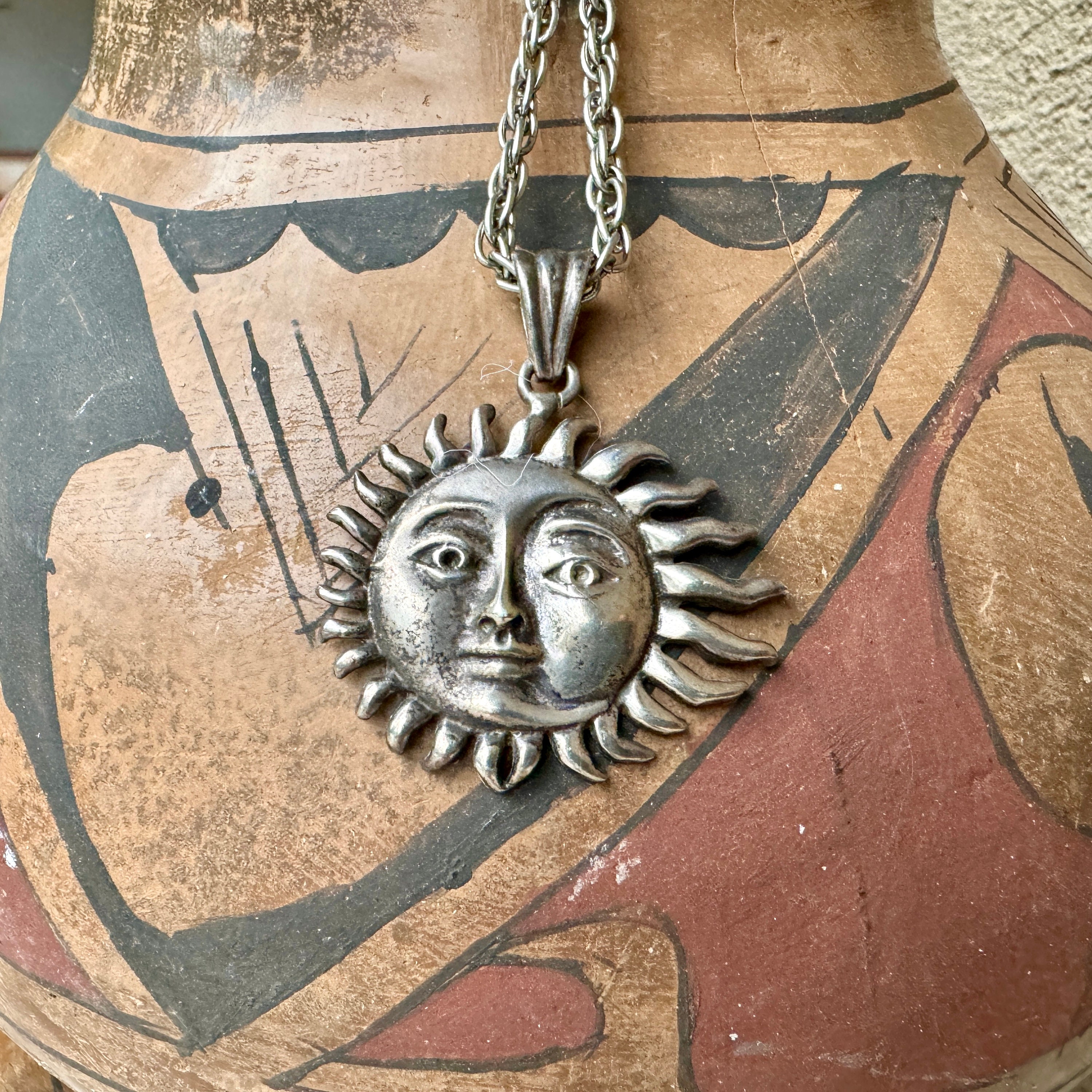Vintage Mexican Sterling Silver Sun Moon Face Pendant