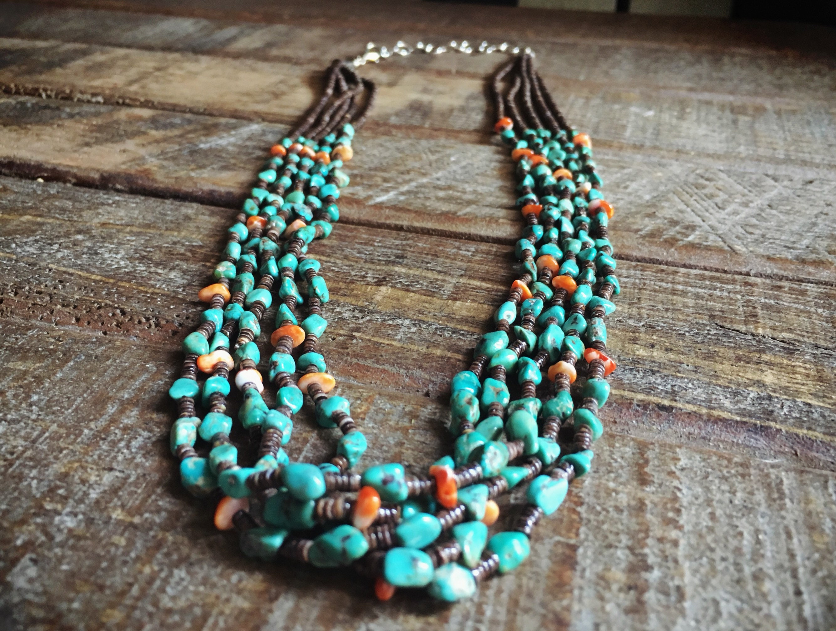 FiveStrand Turquoise Necklace with Spiny Oyster and Heishi, Santo