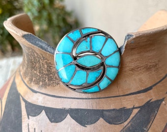 Vintage Turquoise Brooch Pendant Zuni Channel Inlay Hummingbird Design, Native American Jewelry