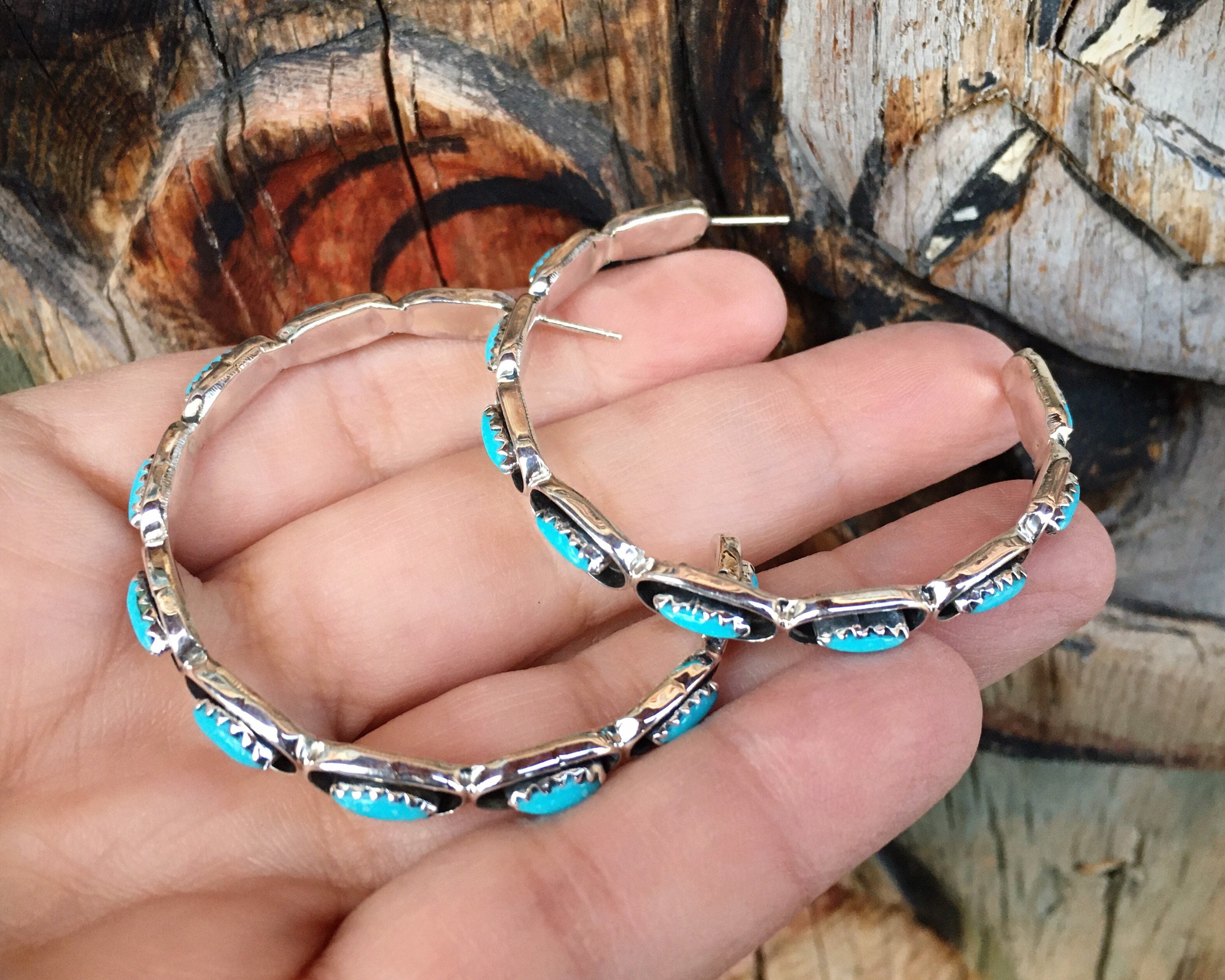 Zuni Indian Jewelry Sterling Silver Turquoise Hoop Earrings! 