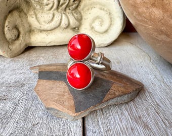 Lilly Barrack Red Coral Bypass Ring Approx 7.5, Heavy Gauge Sterling Silver