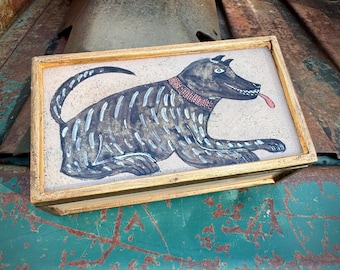 Lidded Wood Box Approx 6" x 3.5" Reverse Painted Glass, Peruvian Folk Art Dog w/ Horns
