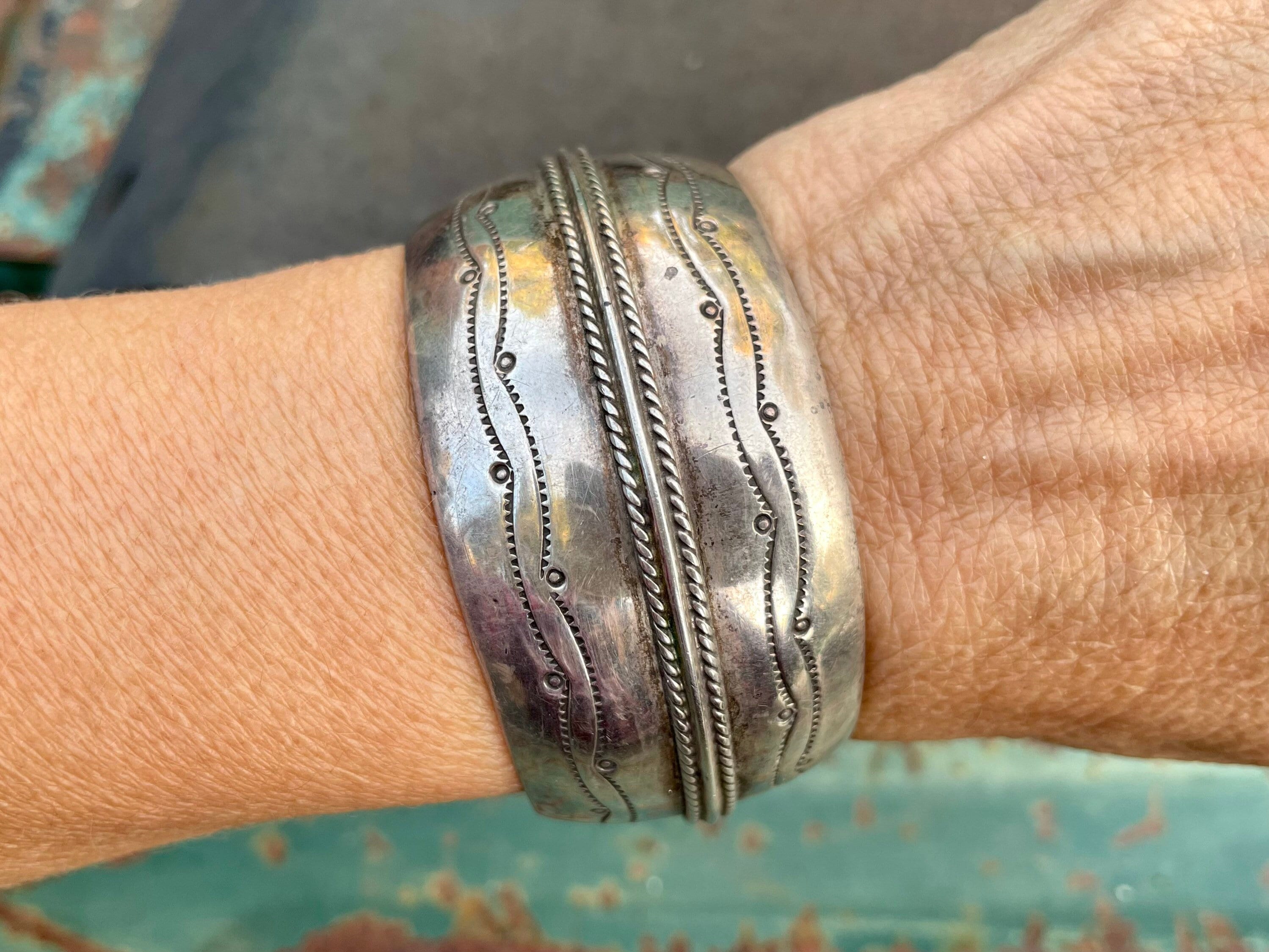 Vintage Wide All Sterling Silver Cuff Bracelet 6.5, Signed Navajo Native  American Jewelry Women's