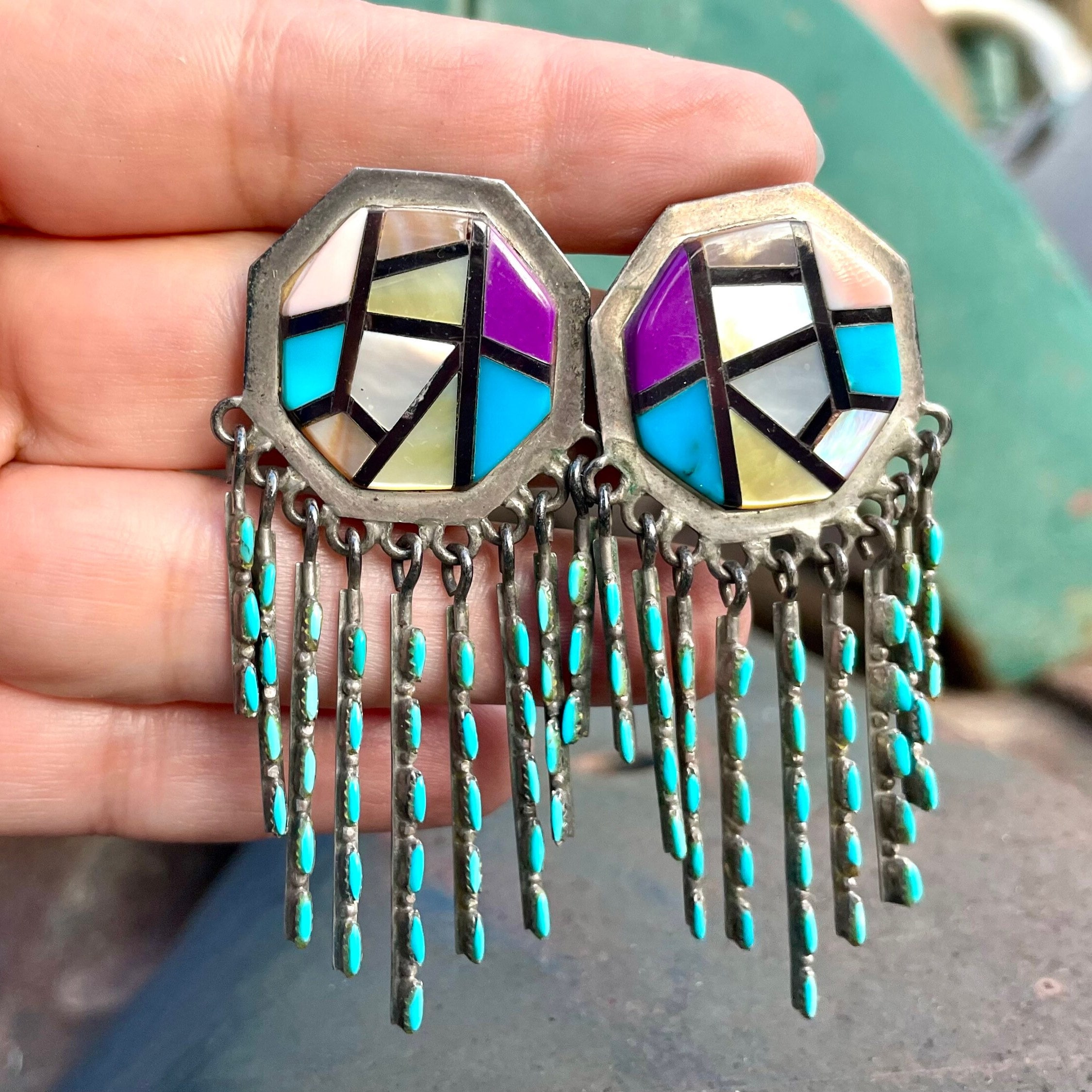 Astounding Zuni Turquoise Multi-stone Sterling Silver Earrings Native American Astounding Zuni Turquoise Multi-stone Sterling Silver Earrings Native American