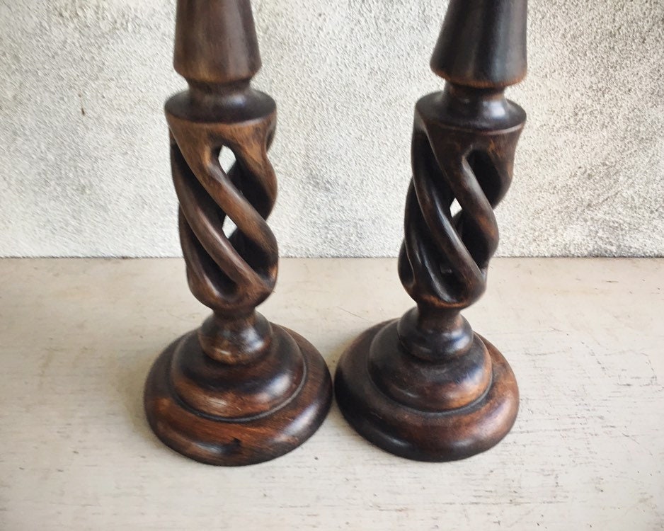 Pair of Vintage Dark Brown Spiral Wood Tall Candlestick Candle Holders