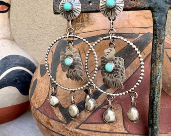 Navajo Gabrielle Yazzie Sterling Silver Turquoise Thunderbird Hoop Earrings