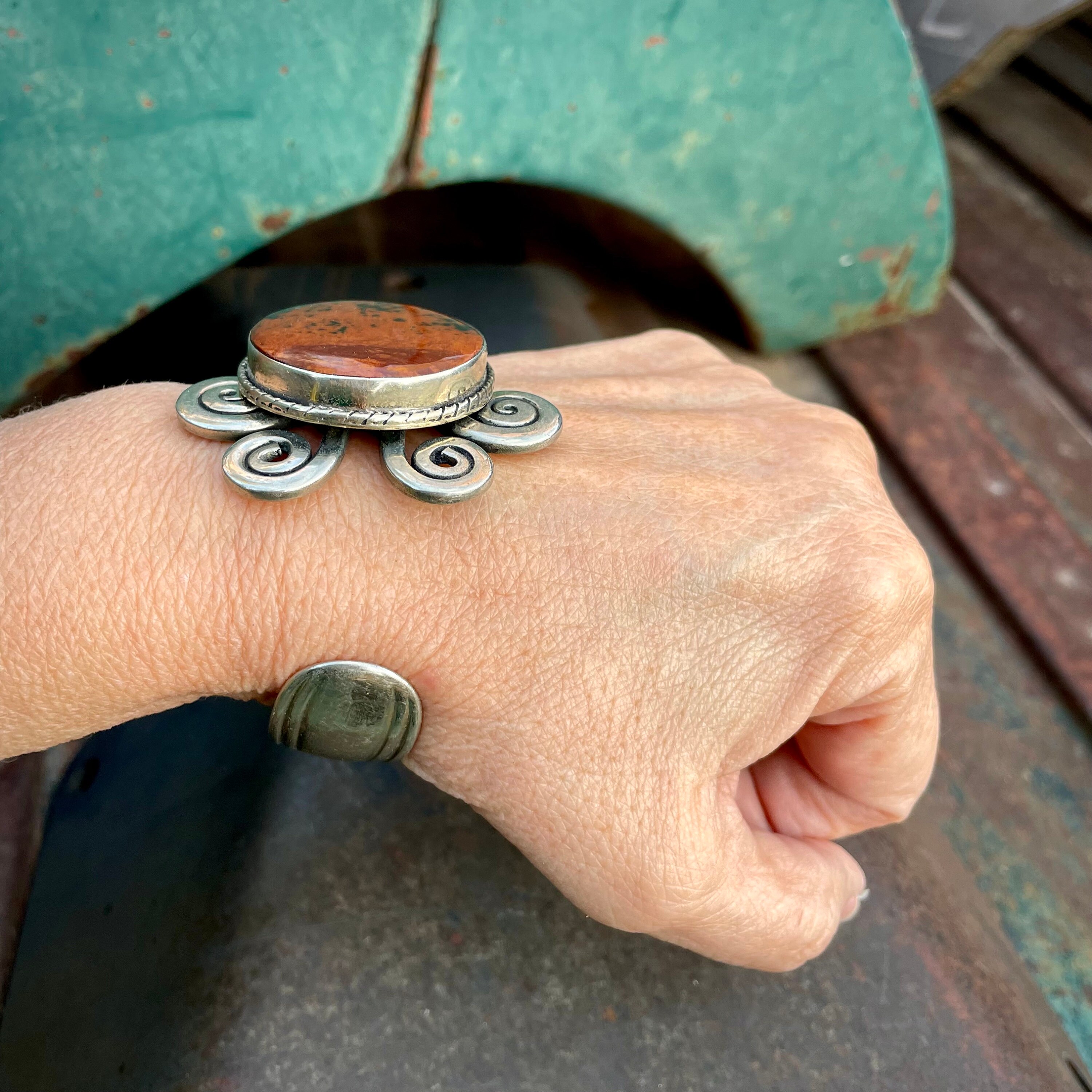 Vintage Upcycled Silverplate Fork Bangle Bracelet w/ Reddish-Brown