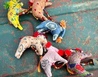 Vintage India Door Hanging w/ Fabric Elephants, Faded Distressed, Approx 28"