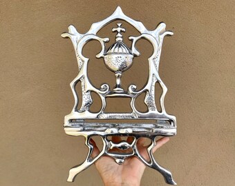 Vintage Aluminum or Pewter Bible Stand, Book Holder for Library or Entryway, Religious Decor