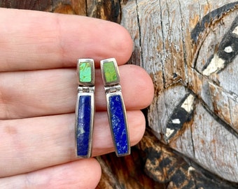 Small Post Earrings Blue Lapis Lazuli & Green Turquoise or Gaspeite Door Knocker Style, Navajo