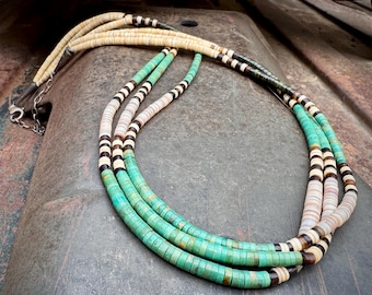 Three-Strand Heishi Necklace 26"-29" Turquoise Serpentine Shell, Vintage Southwestern Jewelry