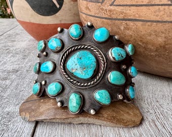 Circa 1950s Turquoise Cluster Cuff Bracelet Approx Size 7, Signed P., 82g