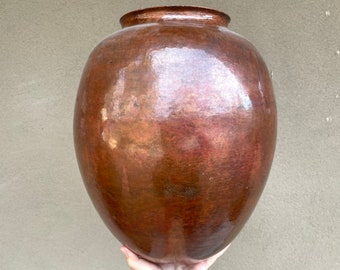 Vintage 15" Tall Hand Forged Copper Vase from Santa Clara de Cobre Mexico, Large Modernist Form