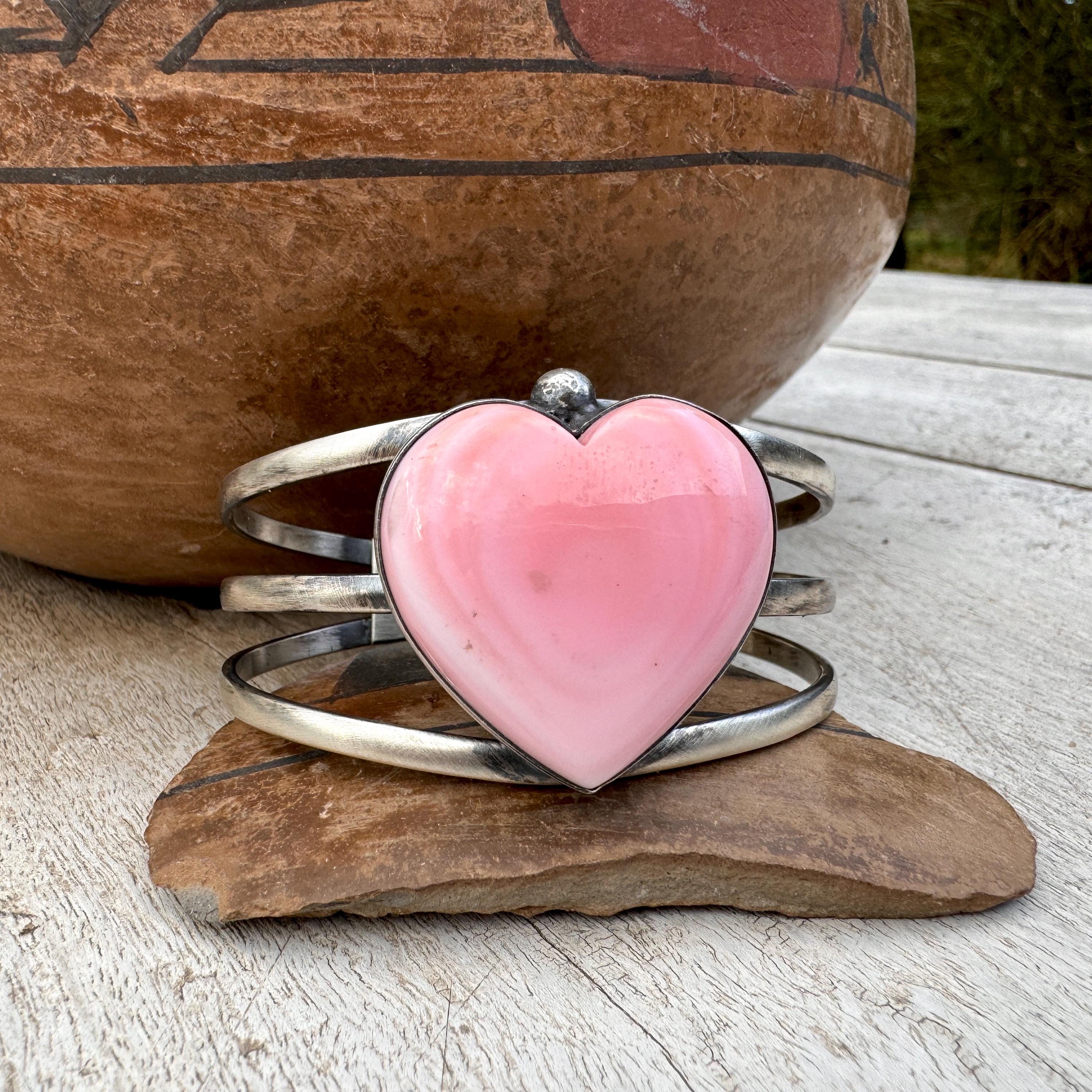 Unique Navajo 'Pink Hearts Of Love' Repoussed Native American Jewelry Silver Bracelet Unique Navajo 'Pink Hearts Of Love' Repoussed Native American Jewelry Silver Bracelet
