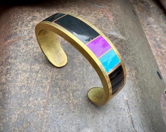 Vintage Multi-Stone Channel Inlay on Bronze Cuff Bracelet, Santa Fe Shows Studio Jewelry