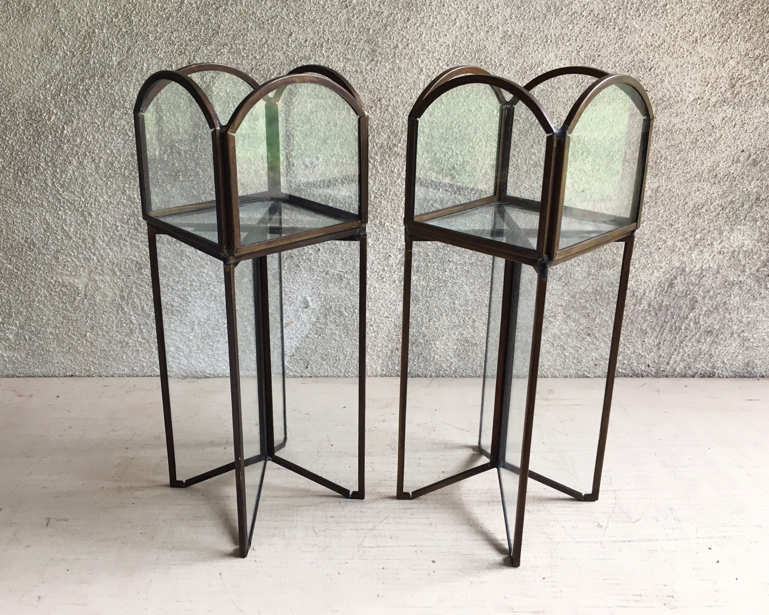 Two Clear Glass Soldered Metal Votive Candle Holders or Tabletop Shelf
