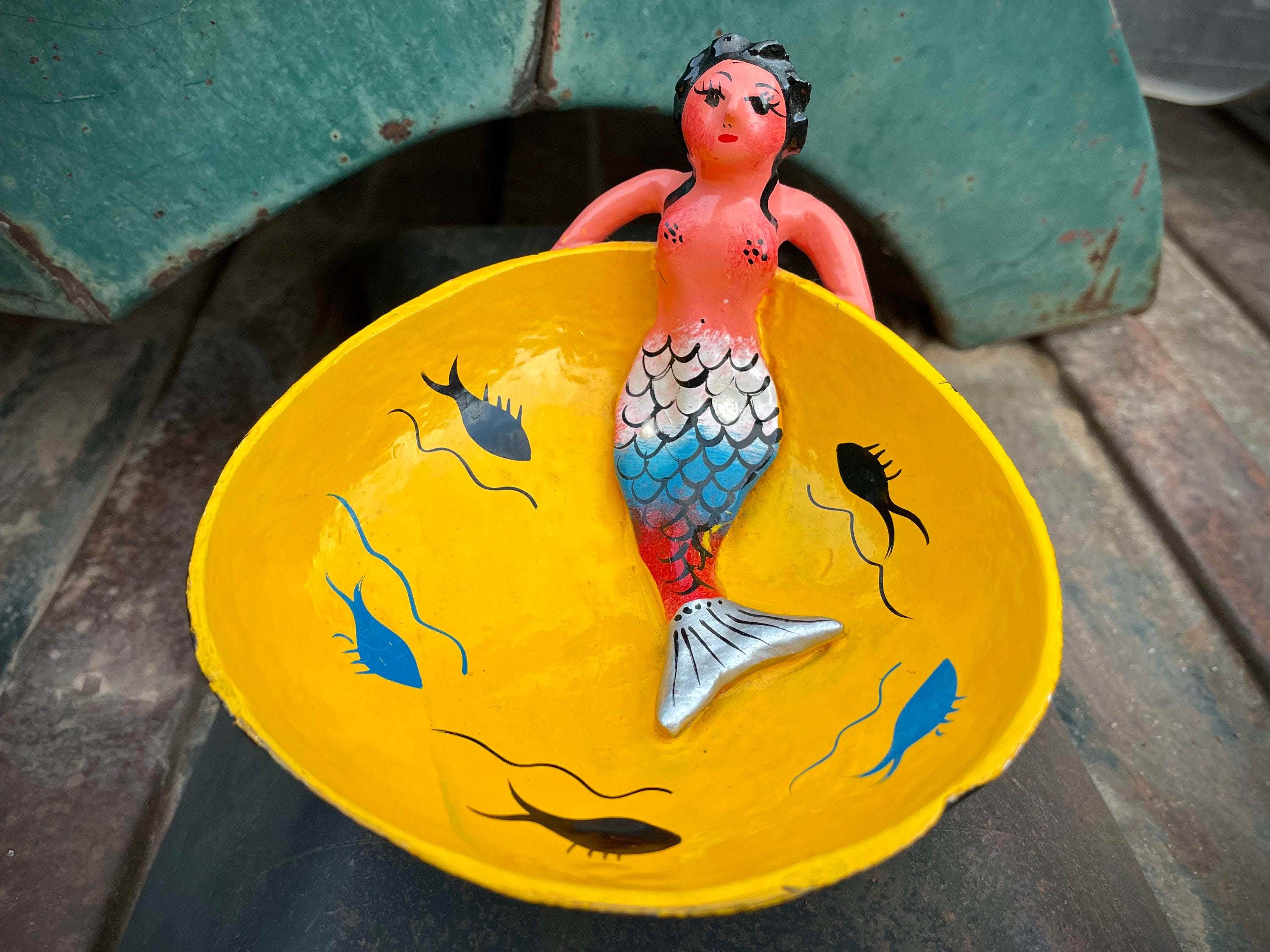 Vintage Mexican Folk Art Mermaid Coconut Shell Trinket Dish, Mexican