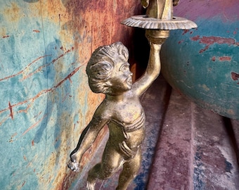 Vintage Cast Pot Metal Cherub Candelabra Brass, Three-Arm Candlestick Holder, Victorian Decor
