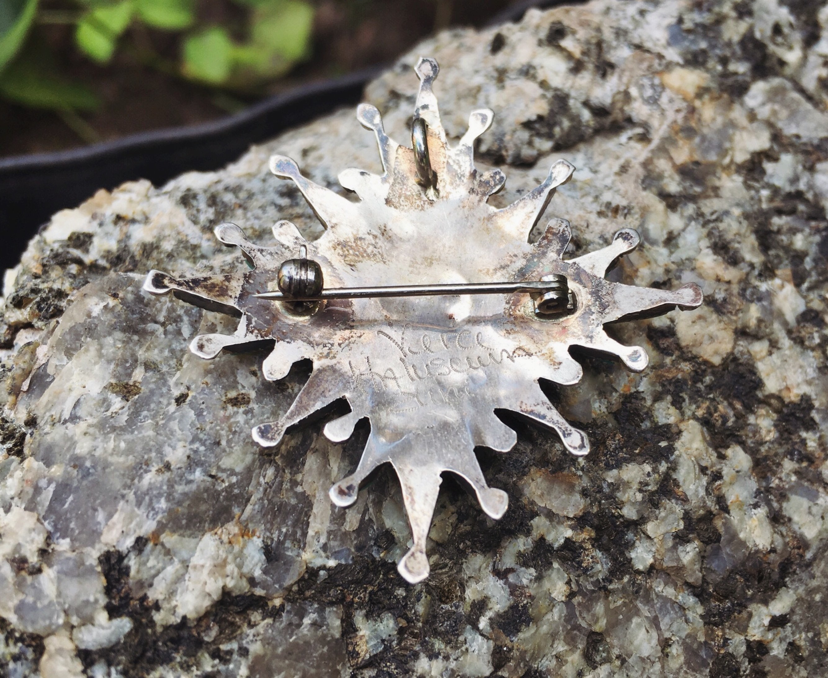 Signed Zuni Pendant Necklace Brooch with Sunface and Turquoise