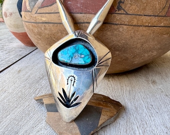 Vintage Shadowbox Sterling Silver Turquoise Pendant Large on Beaded Chain 28", Yucca Design