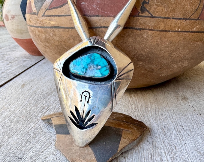 Featured listing image: Vintage Shadowbox Sterling Silver Turquoise Pendant Large on Beaded Chain 28", Yucca Design