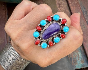 Charoite Turquoise Coral Cluster Ring Size 8.75, Possibly Navajo Richard Hoskie