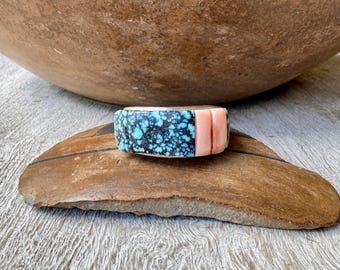 Bisbee Turquoise Pink Coral Band Size 9, Cobblestone Inlay, Vintage Native American Jewelry