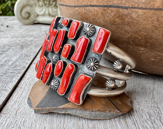 Featured listing image: Natural Coral Branch Cluster Cuff Bracelet Size 6.25, Navajo Juan Willie for Gertrude Zachary