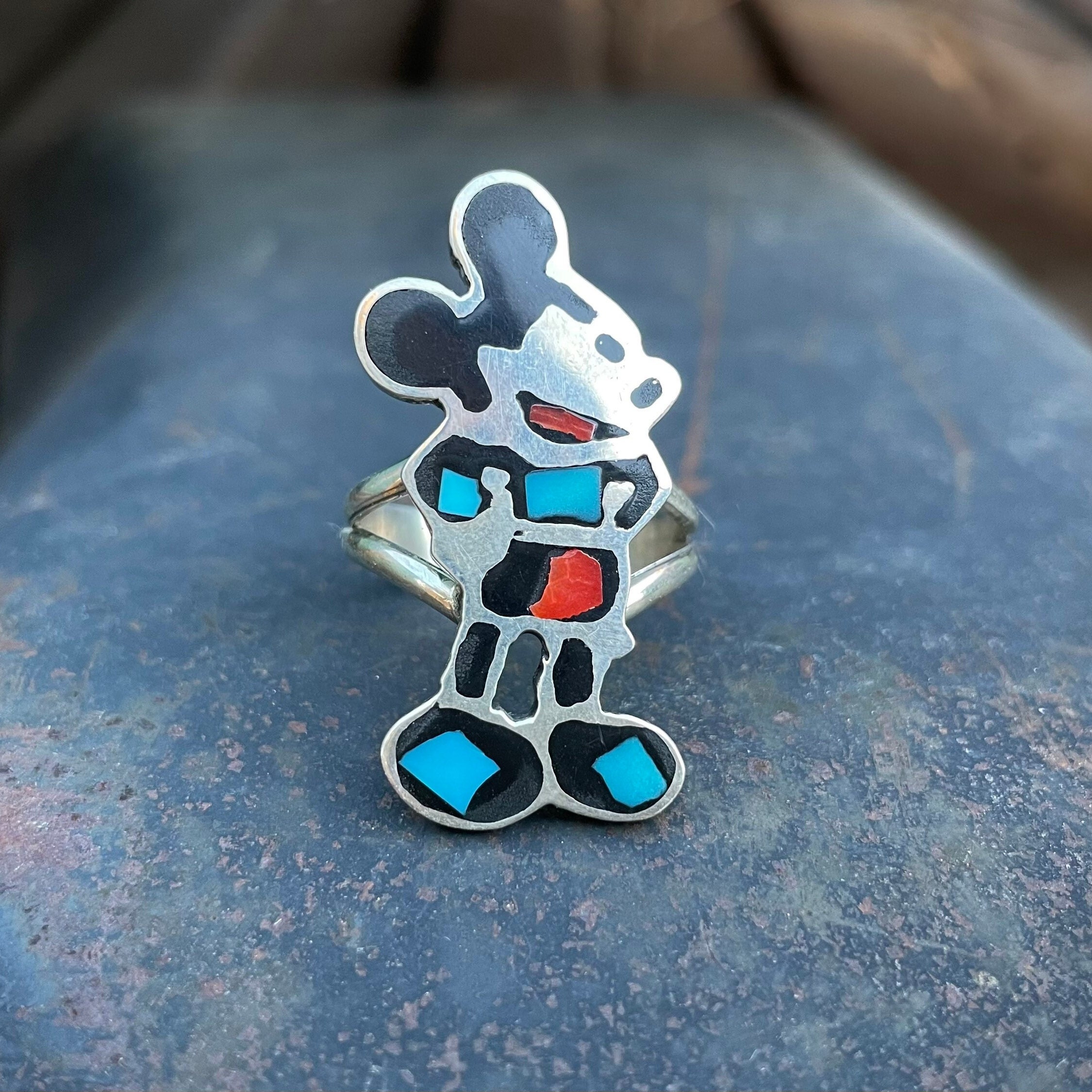 Whimsical Native American Zuni Coral Sterling Silver Mickey Mouse Ring Whimsical Native American Zuni Coral Sterling Silver Mickey Mouse Ring