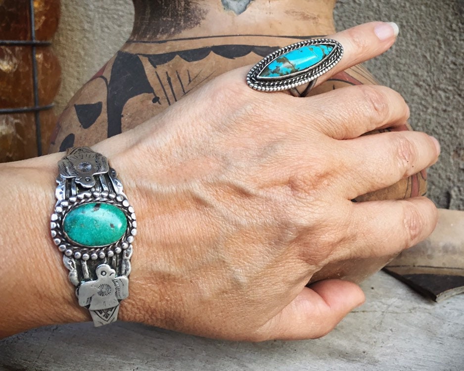 Fred Harvey Era Sterling Silver Thunderbird Turquoise Cuff