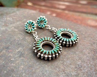 Vintage Turquoise Petit Point Cluster Earrings w/ Double-Sided Dangles, Native American Indian Jewelry Women's, Southwestern Style NFR Rodeo