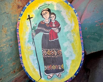 Retablo Painting on Wood Batea of Saint Anthony Holding Christ Child, Religious Folk Art