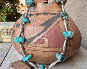 Vintage Turquoise Nugget and Silver Bead Necklace 28", Navajo Native American, Stabilized Stones