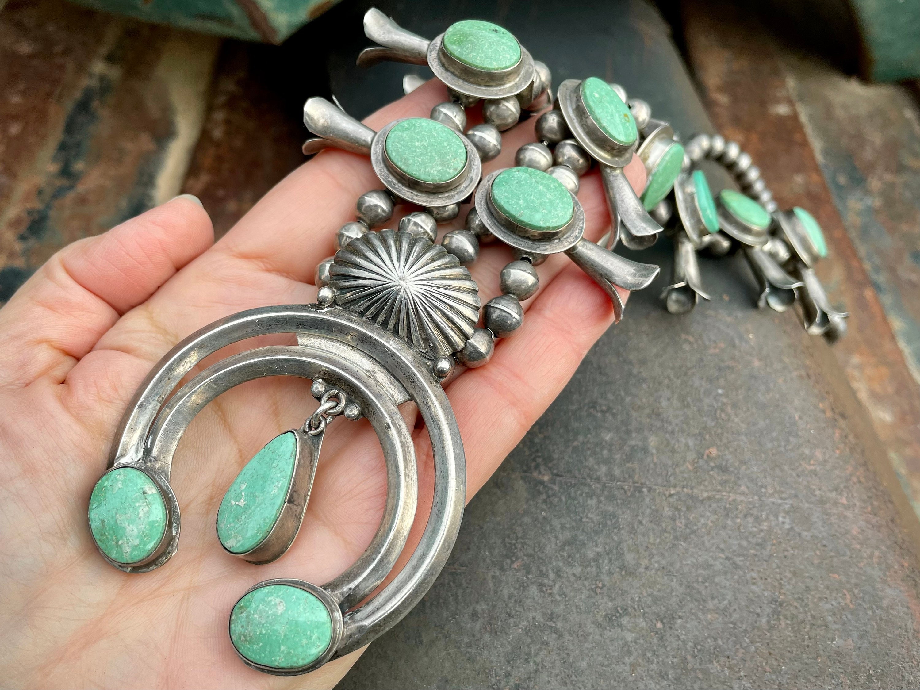 167g Green Turquoise Squash Blossom Necklace Circa 1980s, Vintage