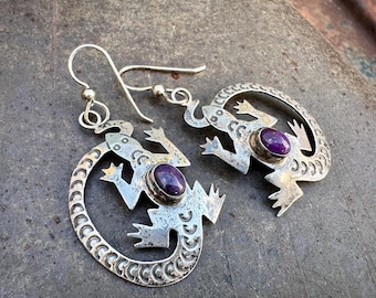 Vintage Sterling Silver Lizard Dangle Earrings Likely Sugilite, Gecko Southwestern Jewelry