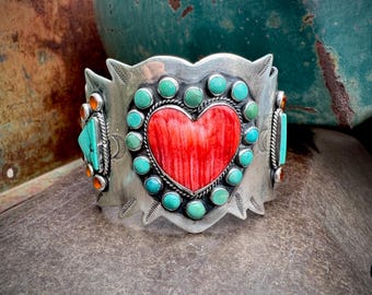 Sterling Silver Spiny Oyster Turquoise Cuff Bracelet Size 6.75, Heart Theme