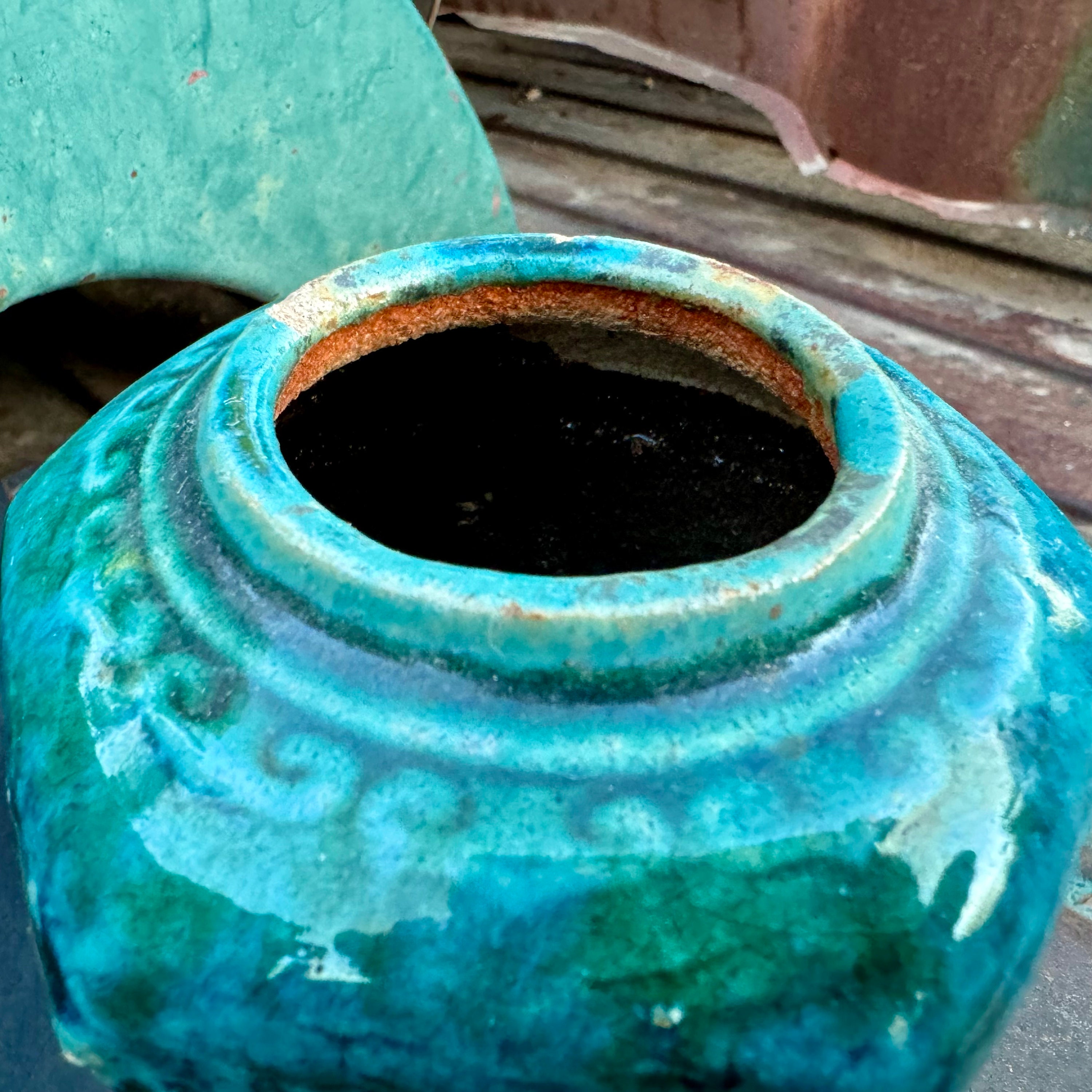 グランドセイコー セール Pair of Vintage Shiwan Pottery Green Teal Glazed Ginger Jars 花瓶・フラワースタンド